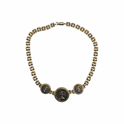 Vintage Roman Revival Gallienus three-coin necklace in gold and antiqued silver tone with articulated link chain and classical medallions.