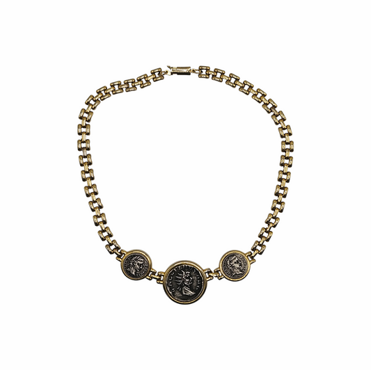 Vintage Roman Revival Gallienus three-coin necklace in gold and antiqued silver tone with articulated link chain and classical medallions.