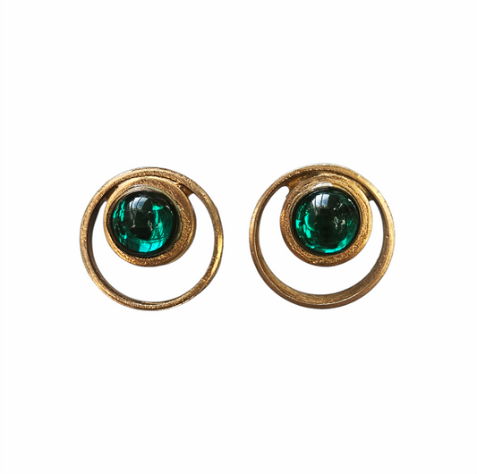 Vintage Emerald-Green Glass Concentric Circle Stud Earrings - Re:Velvet
