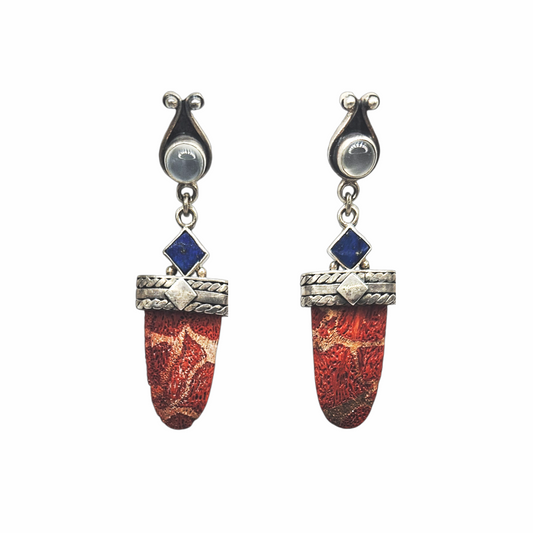 Vintage Sterling Silver Lapis & Red Coral Statement Drop Earrings