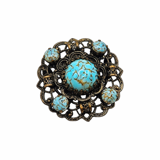 Vintage Czech-Inspired Turquoise Glass Filigree Brooch – Gablonz / Neiger Style