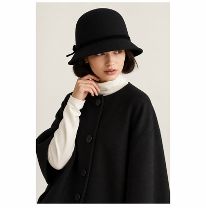Worn image  of Daniele Meucci black rabbit hair and wool cloche hat with velvet bow