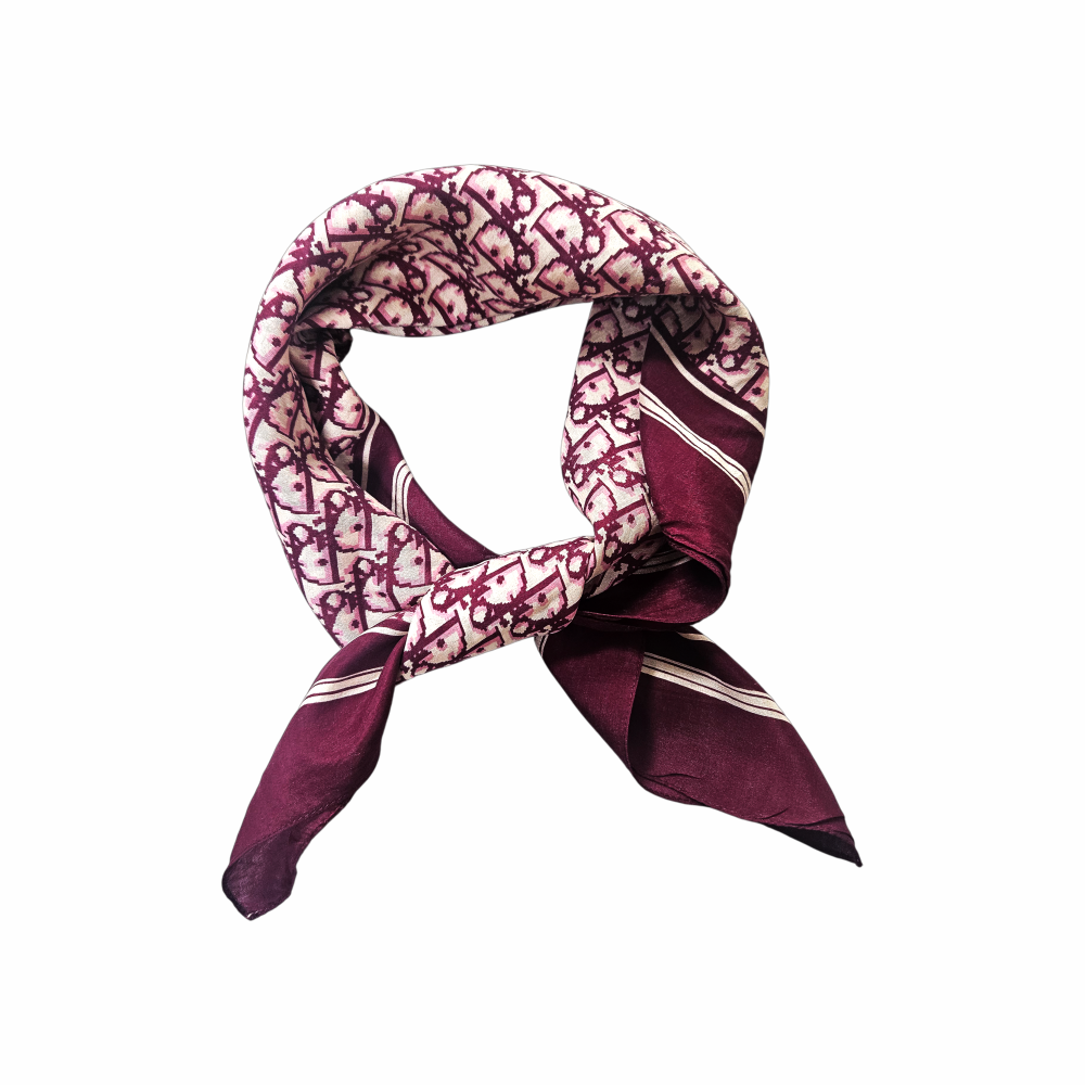 Vintage Christian Dior burgundy Dior Oblique monogram silk scarf tied at neck