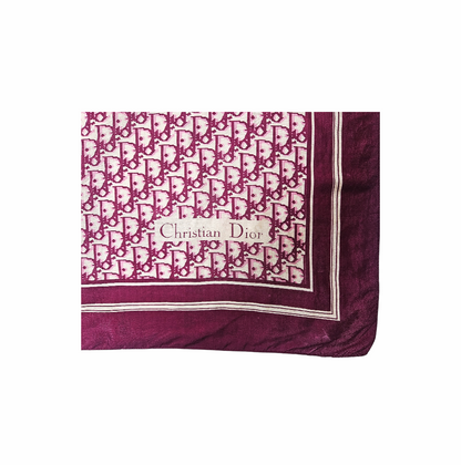 Close-up of Christian Dior signature on vintage Oblique silk scarf