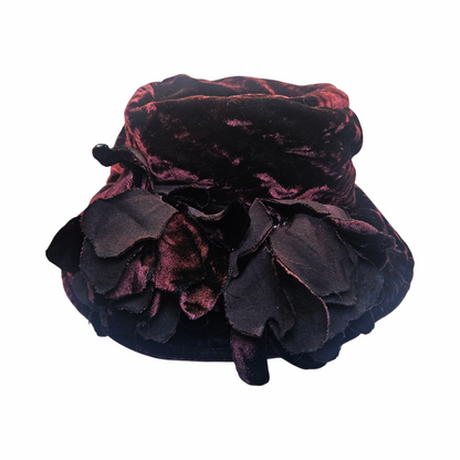 Vintage Donna Karan New York burgundy velvet floral slouchy bucket hat circa 1990