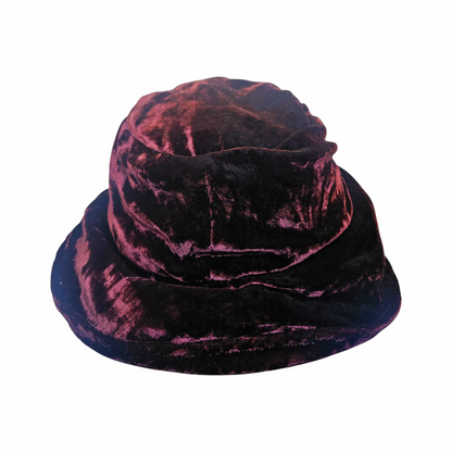 Back view of vintage Donna Karan burgundy crushed velvet bucket hat