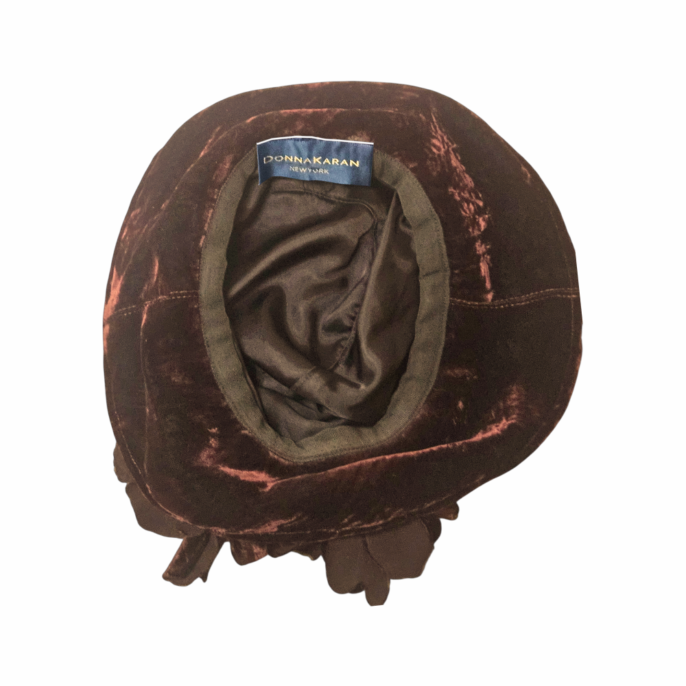 Interior view of vintage Donna Karan New York burgundy velvet hat