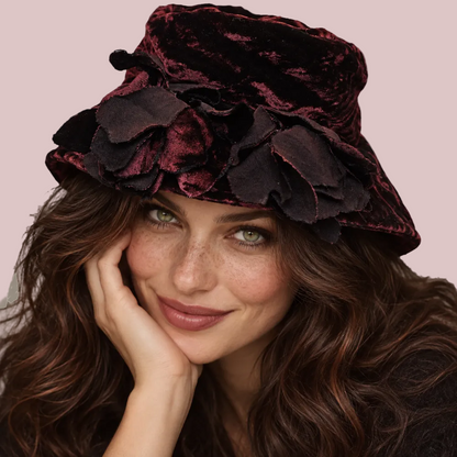 Vintage Donna Karan New York burgundy velvet hat worn by model