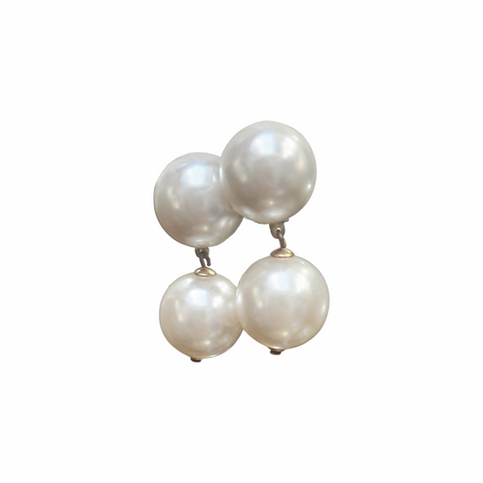 Vintage oversized ivory double faux pearl drop earrings with silver-tone cushioned clip-on fastenings