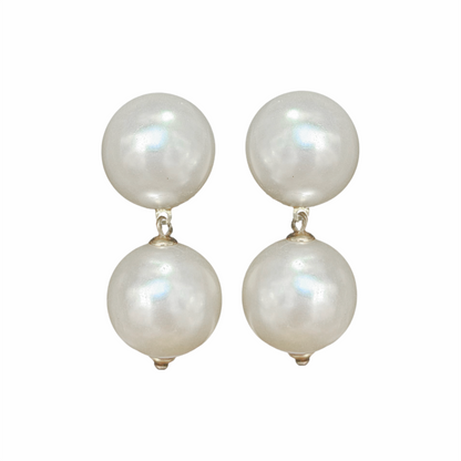 1980s Oversized Double Faux Pearl Drop Clip-On Earrings - Re:Velvet
