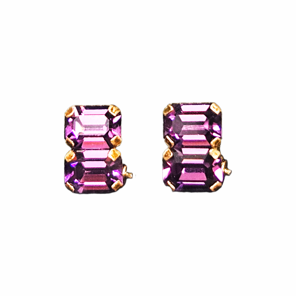 Vintage 1960s-70s Purple Rhinestone Clip-On Earrings in Gold-Tone Setting