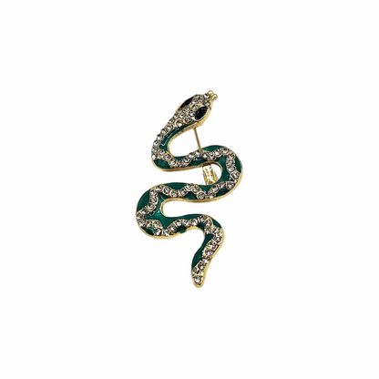 Vintage-Style Emerald Green Enamel Snake Brooch with Crystal Pavé - Re:Velvet
