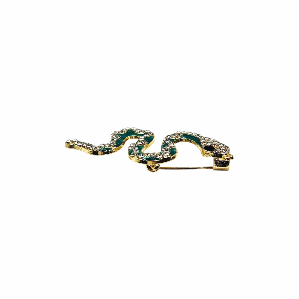 Vintage-Style Emerald Green Enamel Snake Brooch with Crystal Pavé - Re:Velvet