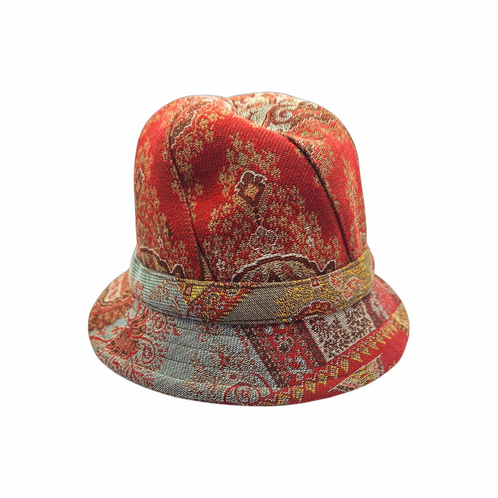 Back view of ETRO red gold and sage paisley jacquard hat