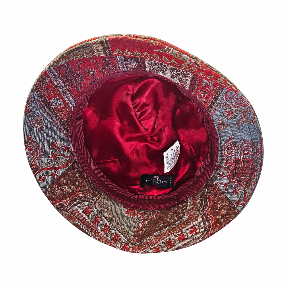 Interior of vintage ETRO bucket hat with red satin lining