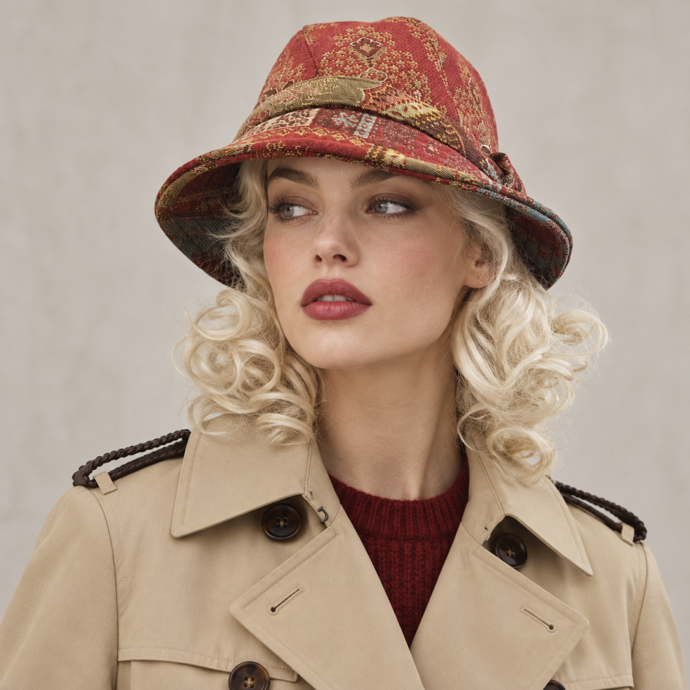 Vintage ETRO Milano multicoloured paisley jacquard bucket hat worn by model in editorial photo