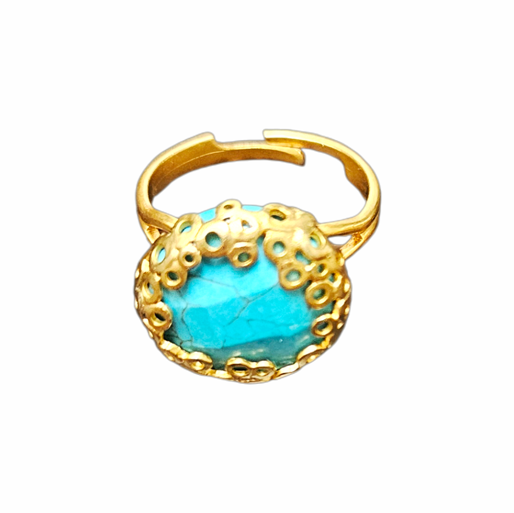 Vintage gold-tone adjustable cocktail ring with an ornate openwork setting and large oval faux-turquoise cabochon.