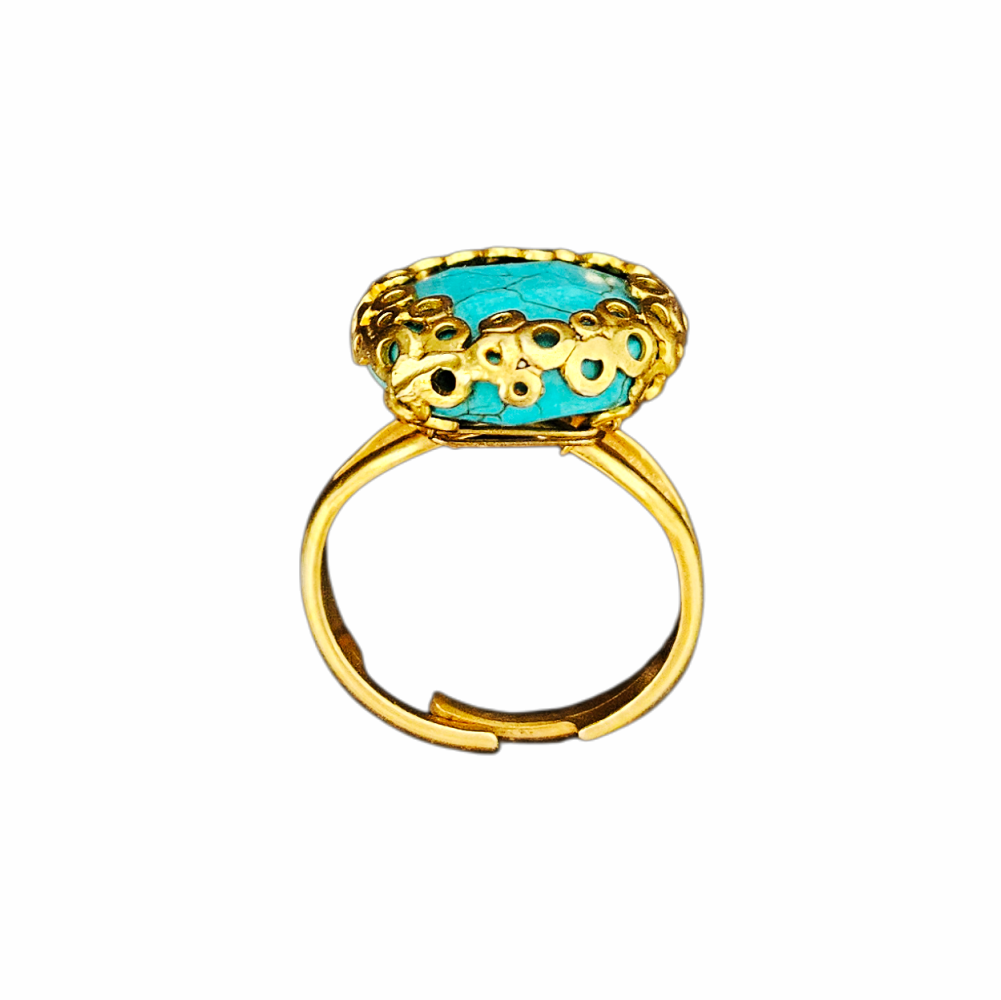 Vintage gold-tone adjustable cocktail ring with an ornate openwork setting and large oval faux-turquoise cabochon.