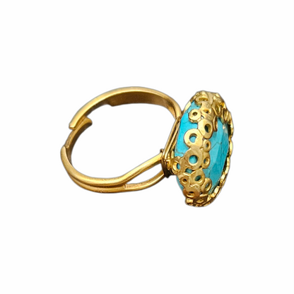 Vintage Gold-Tone Faux Turquoise Cabochon Adjustable Cocktail Ring