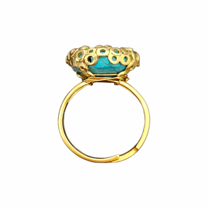 Vintage Gold-Tone Faux Turquoise Cabochon Adjustable Cocktail Ring