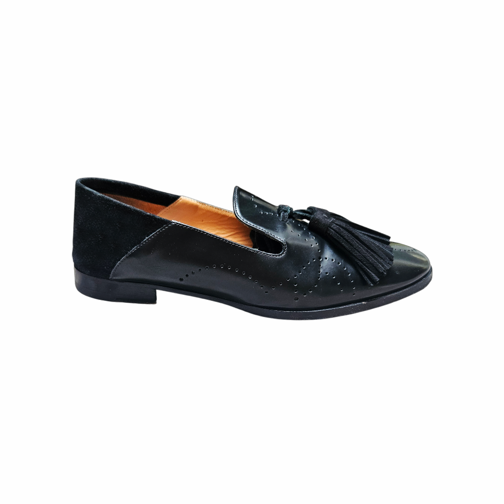 1990s Fratelli Rossetti Black Leather and Suede Tassel Loafers