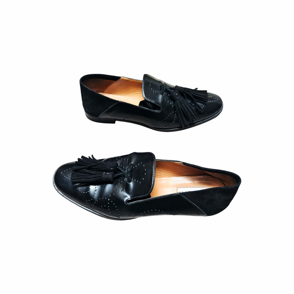 1990s Fratelli Rossetti Black Leather and Suede Tassel Loafers