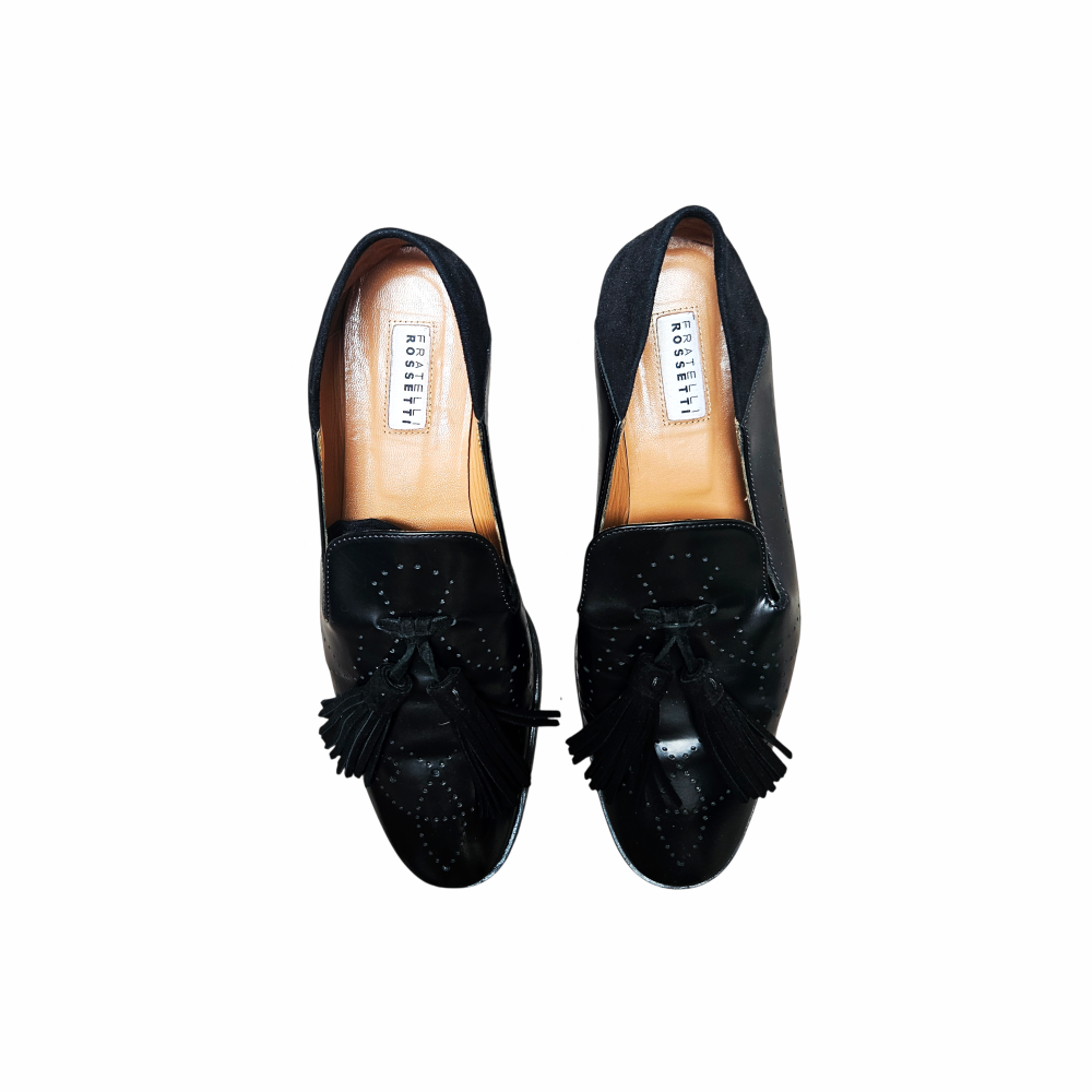 1990s Fratelli Rossetti Black Leather and Suede Tassel Loafers