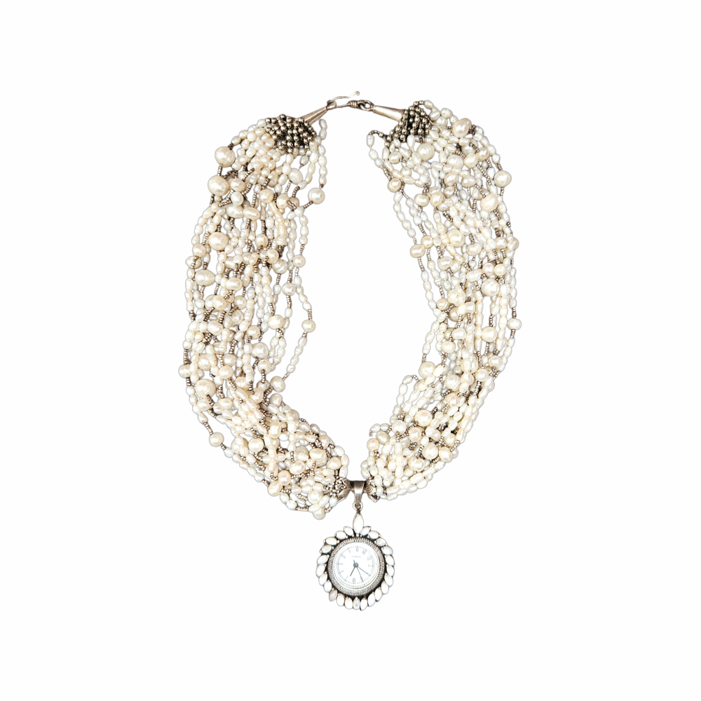 Freshwater Pearl Multi-Strand Necklace with Sterling Silver Pendant Watch