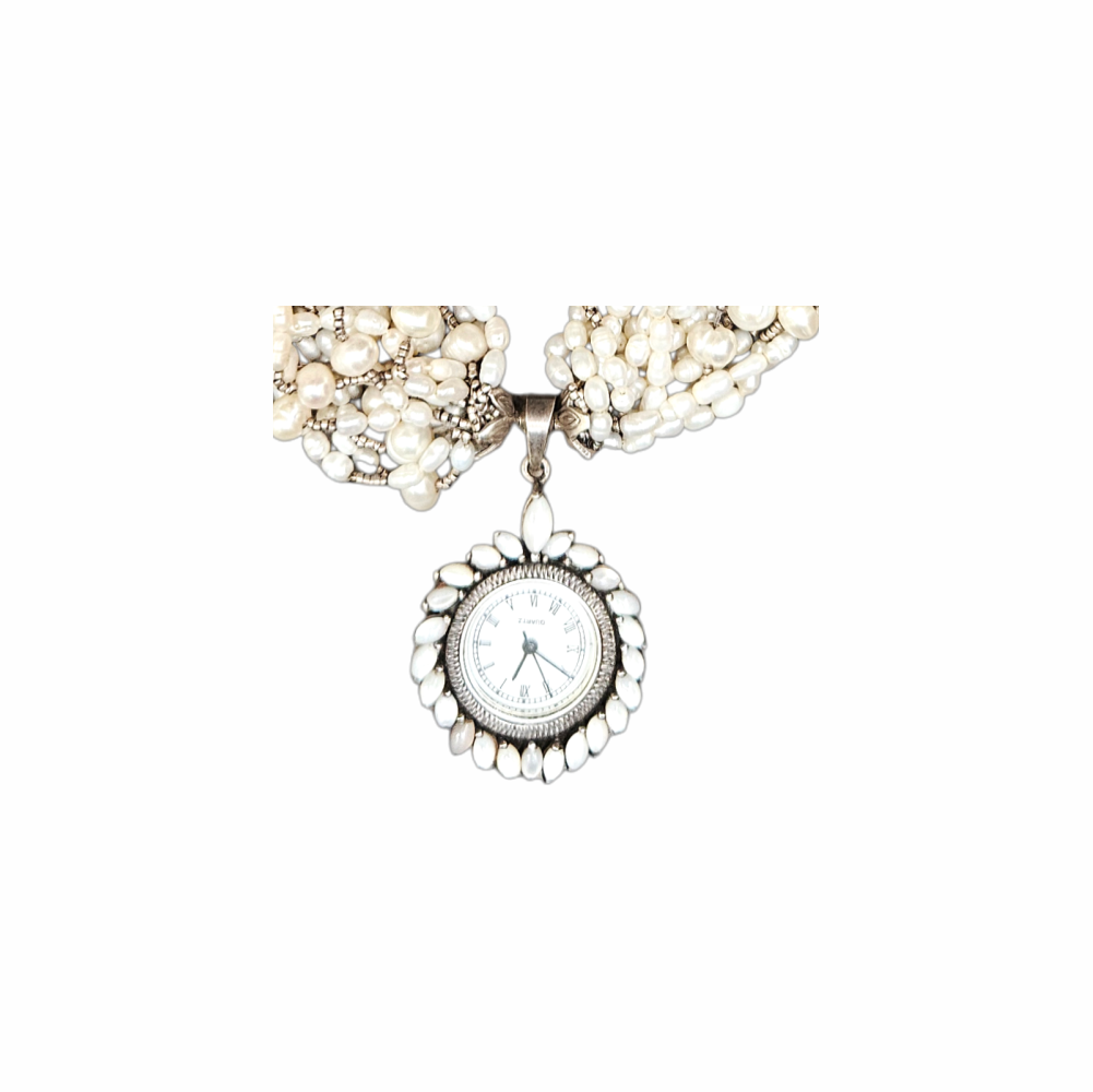 Freshwater Pearl Multi-Strand Necklace with Sterling Silver Pendant Watch