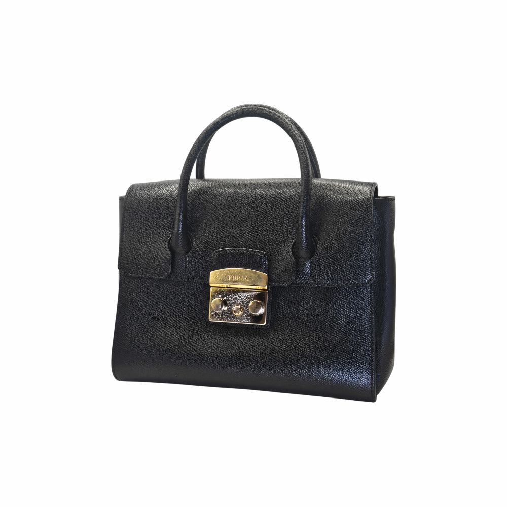 Furla black grained leather small top-handle handbag with gold clasp