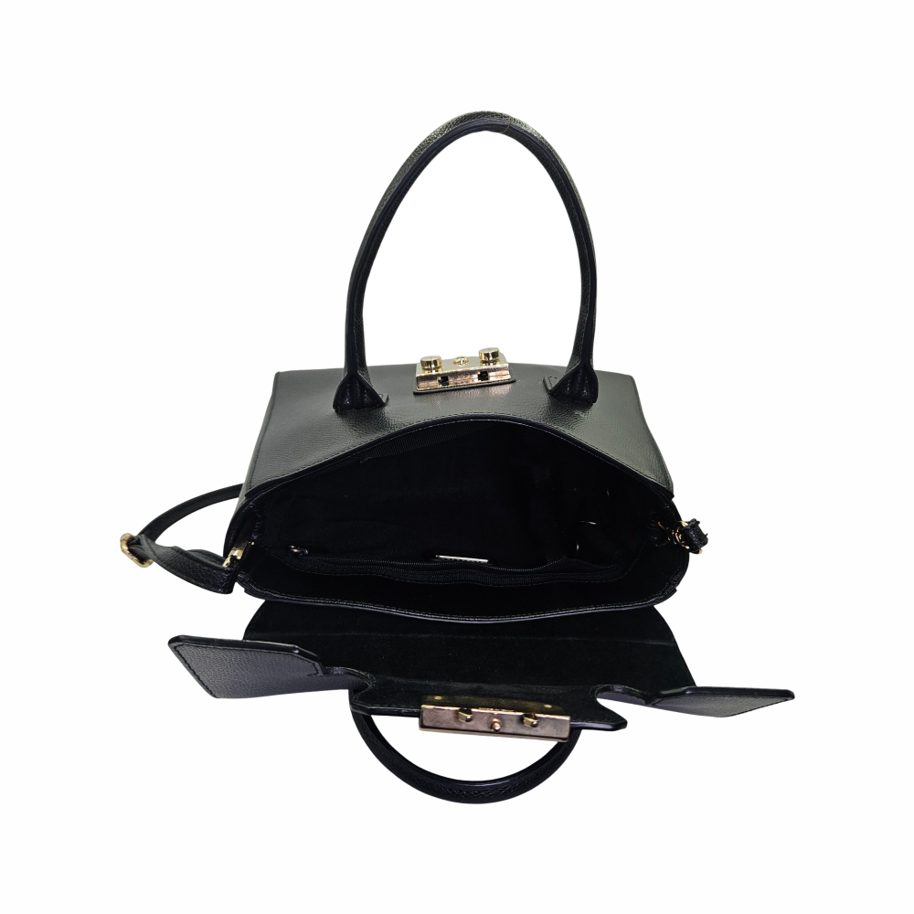 Interior of Furla black leather top-handle bag with zipped pocket
