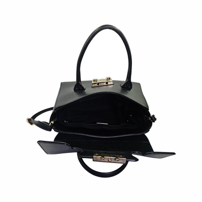 Interior of Furla black leather top-handle bag with zipped pocket