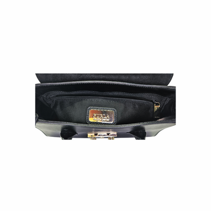 Furla Metropolis bag with view of branded interior plaque inside black leather handbag