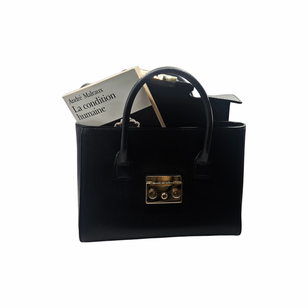 Black Grained Leather Small Top-Handle Bag "Metropolis" with Gold Push-Lock - Furla - Re:Velvet