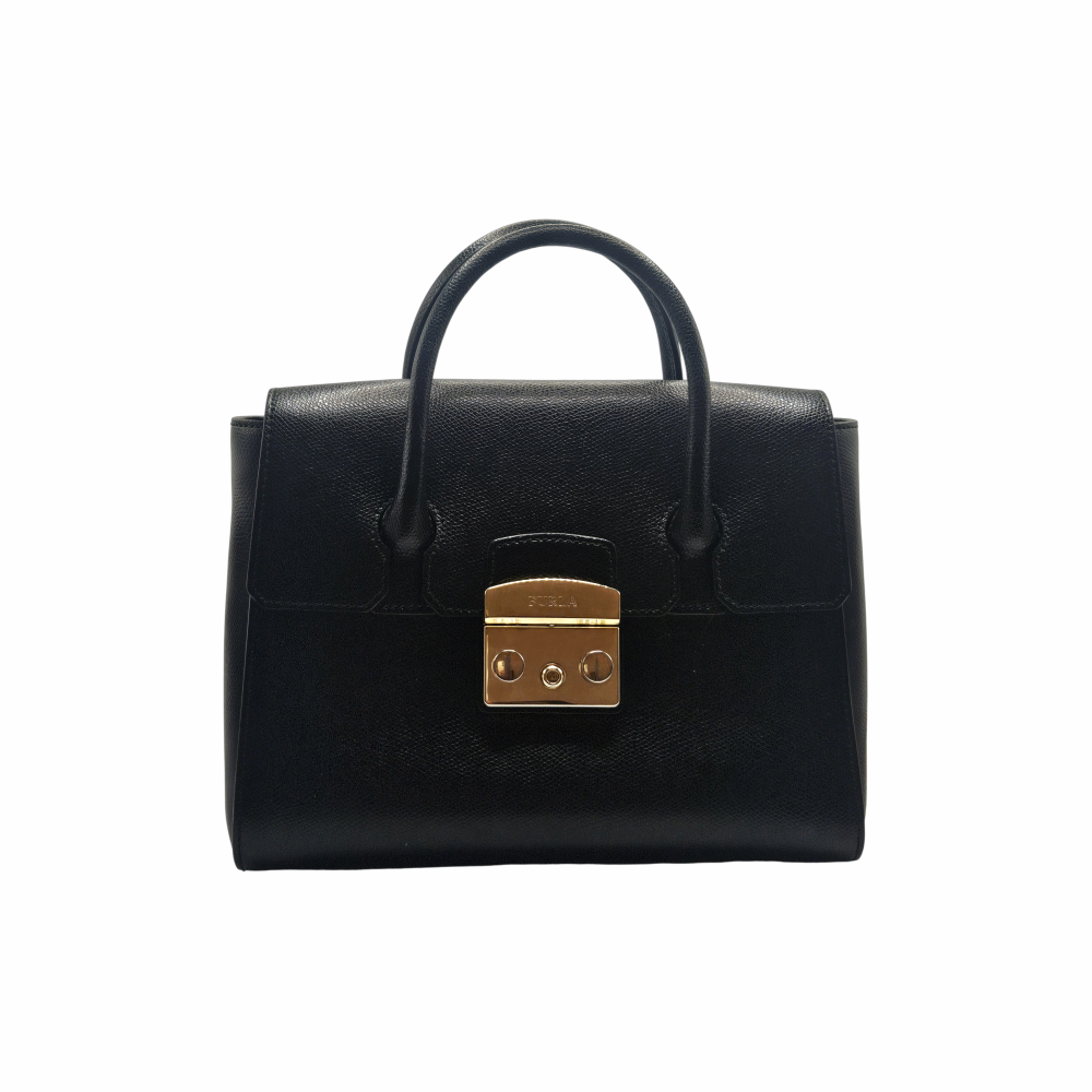 Furla Metropolis black grained leather small top-handle handbag with gold clasp