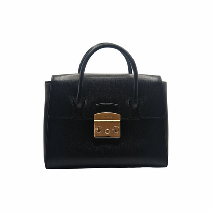 Furla Metropolis black grained leather small top-handle handbag with gold clasp