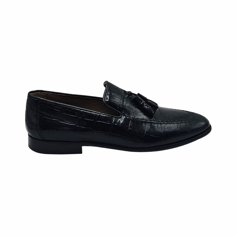 George Hogg - Men´s Black Crocodile-Embossed Leather Tassel Loafers – EU 40