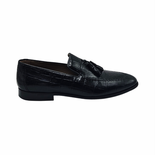 George Hogg - Men´s Black Crocodile-Embossed Leather Tassel Loafers – EU 40