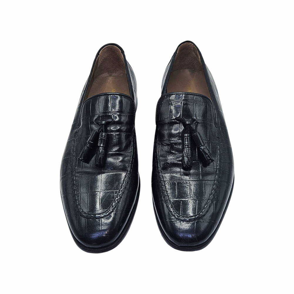 George Hogg - Men´s Black Crocodile-Embossed Leather Tassel Loafers – EU 40