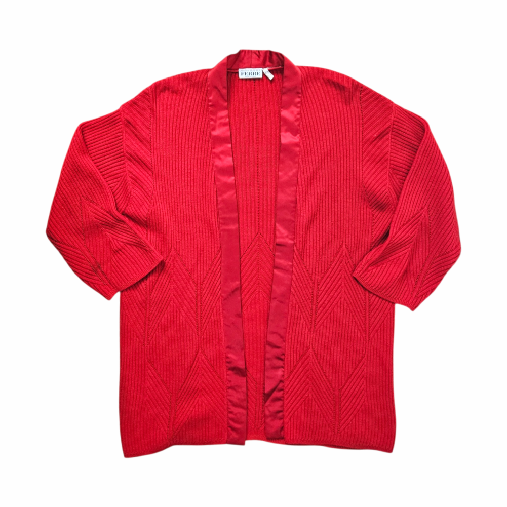 Vintage 1980s Open-Front Ribbed Knit Cardigan with Satin Trim - Gianfranco Ferré - Re:Velvet