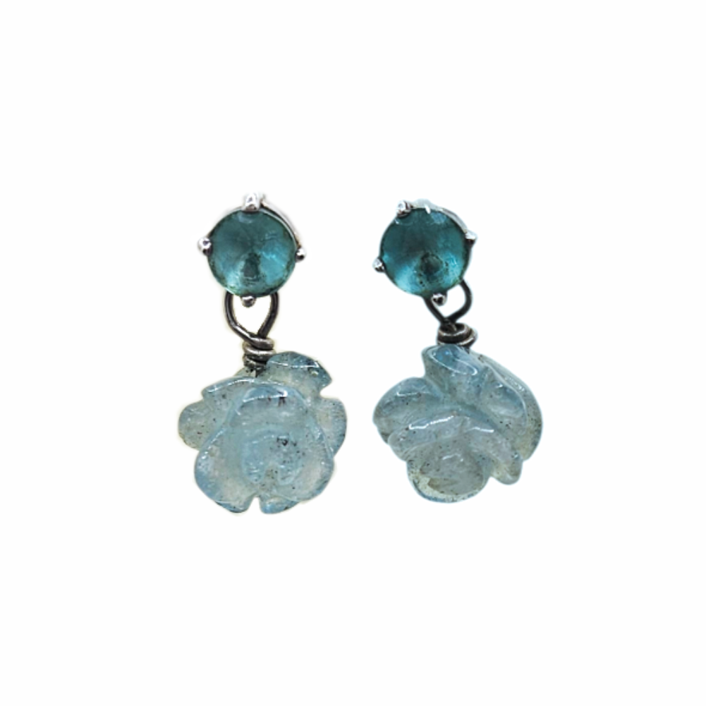 Sterling Silver Blue Glass Floral Drop Stud Earrings