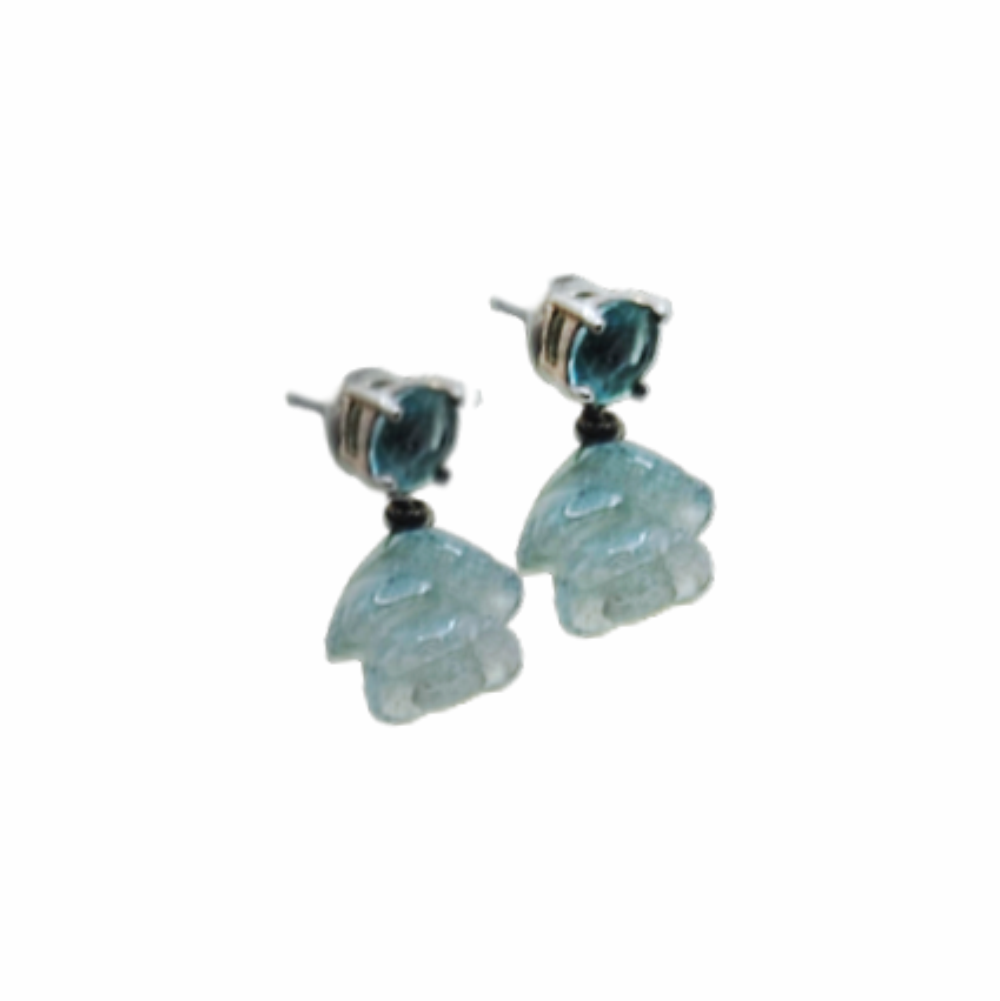Sterling Silver Blue Glass Floral Drop Stud Earrings