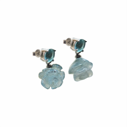 Sterling Silver Blue Glass Floral Drop Stud Earrings