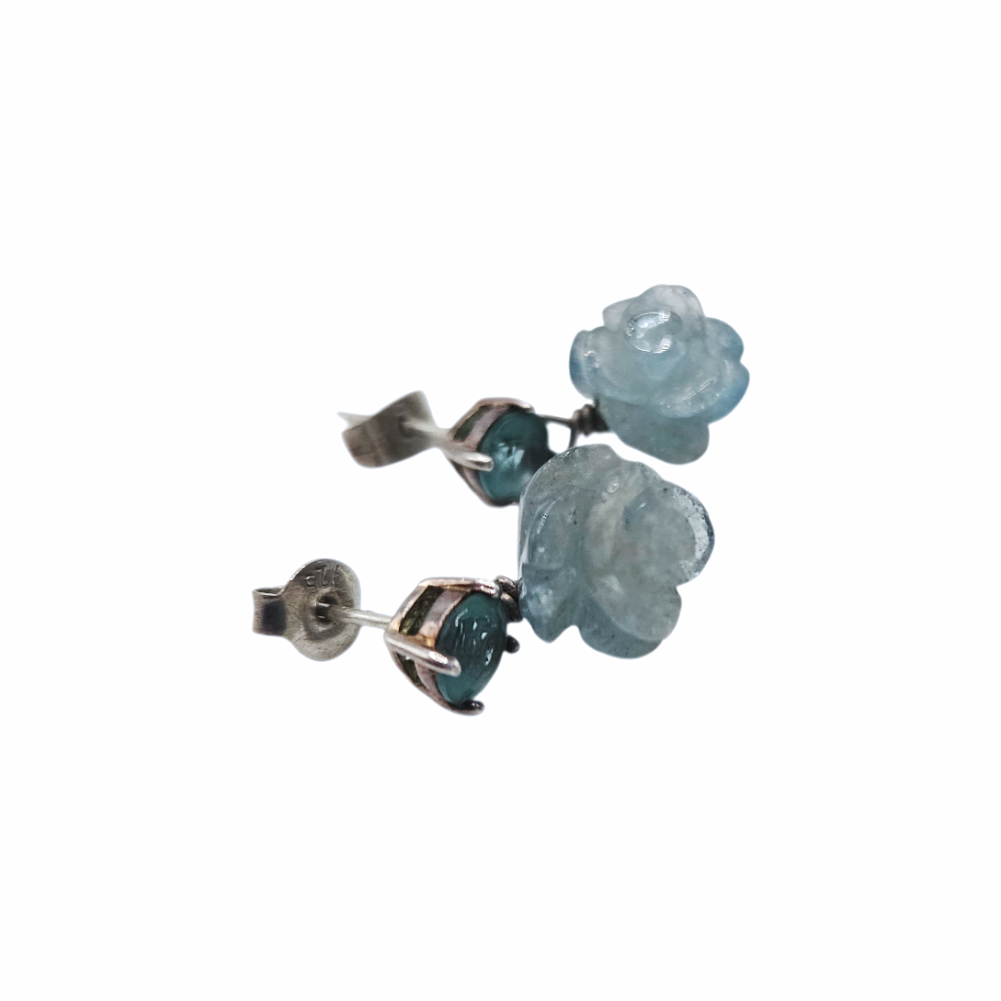 Sterling Silver Blue Glass Floral Drop Stud Earrings
