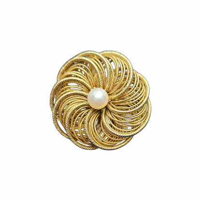 1960s Gold-Tone Wirework Flower Brooch with Faux Pearl Centre