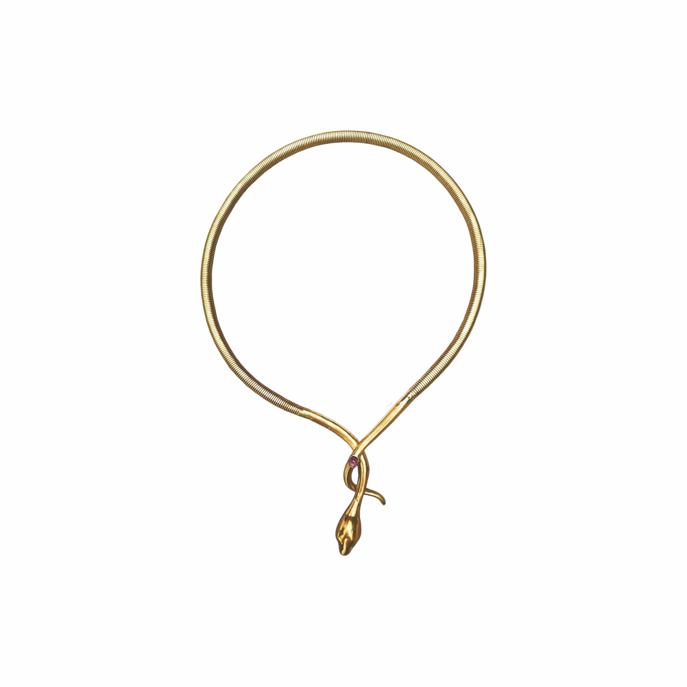 A cuff necklace made of Gold Plated metal alloy and including an amethyst cabochon insert