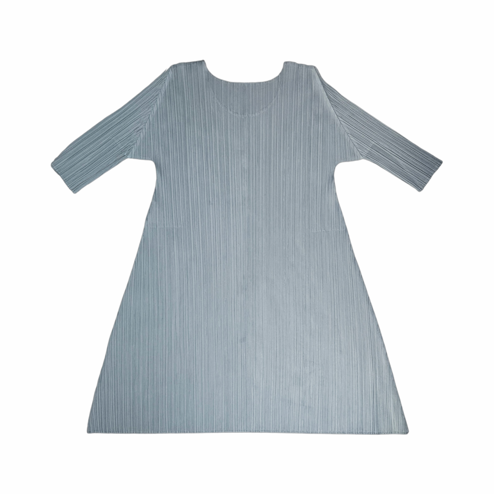 Back view of silver-green Pleats Please Issey Miyake pleated A-line dress made in Japan