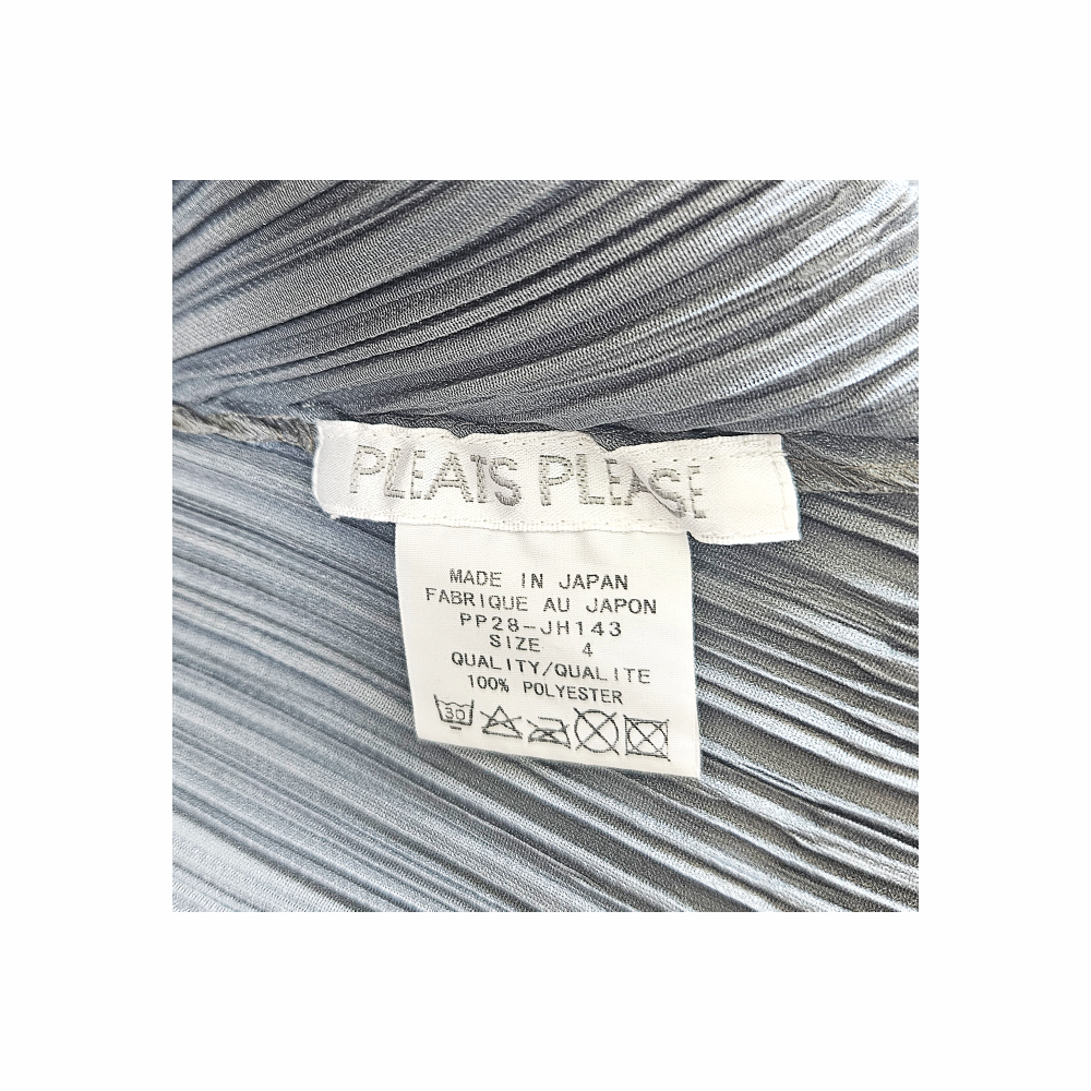 Pleats Please Issey Miyake Made in Japan label, size 4, 100% polyester, product code PP28-JH143