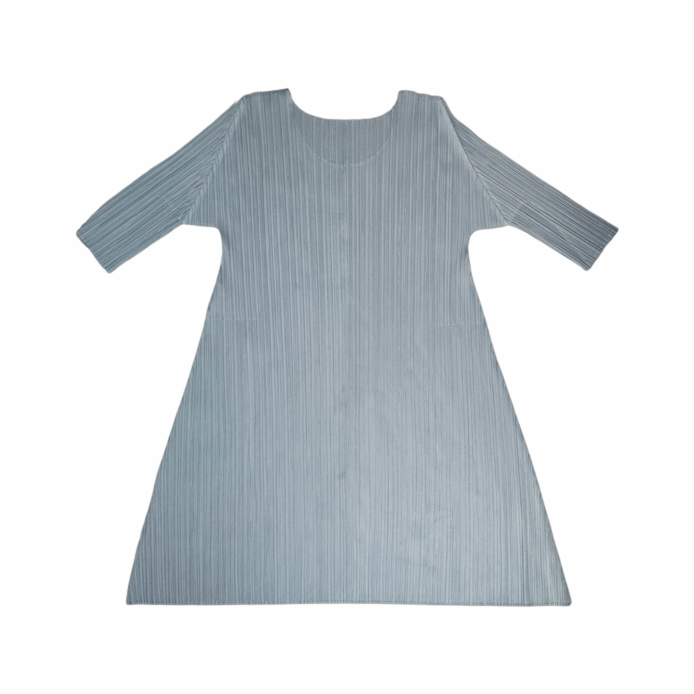 Pleats Please Issey Miyake silver-green A-line pleated midi dress with three-quarter sleeves, size 4