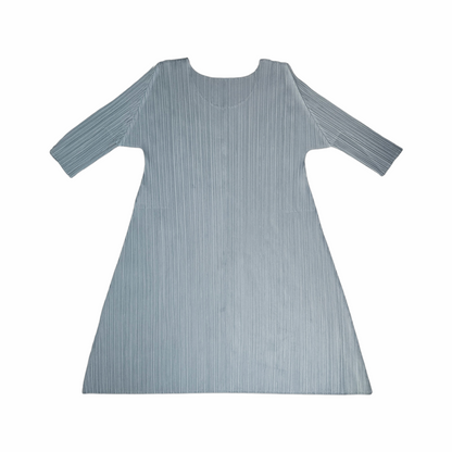 Pleats Please Issey Miyake silver-green A-line pleated midi dress with three-quarter sleeves, size 4